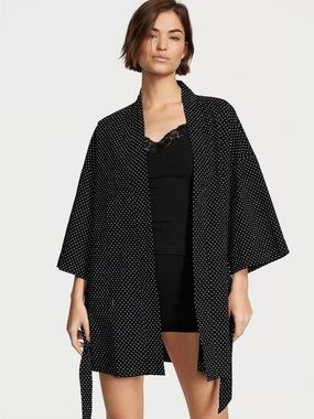 Victoria's Secret Cotton Robe Polka Dot Black White Kimono Medium